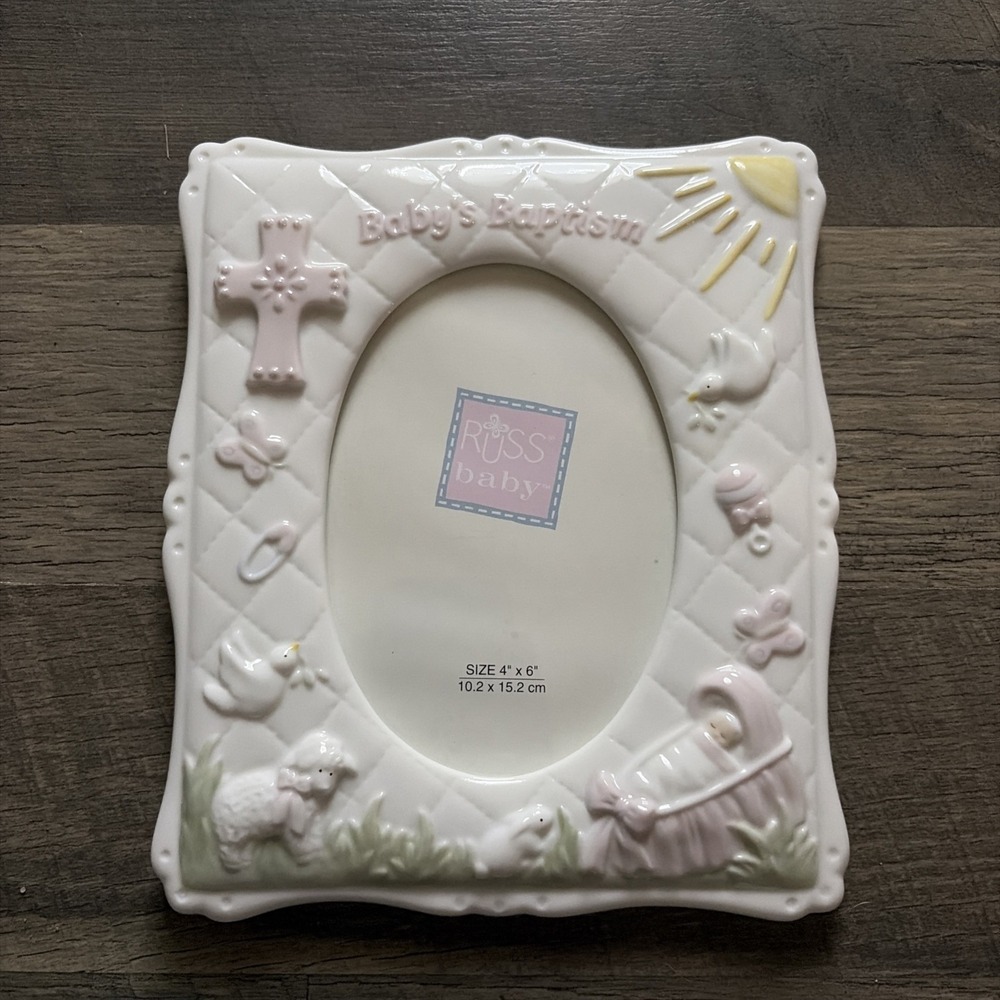 Religious Ceramic Russ Baby Picture Frame Easel Back Babys Baptism 4x6